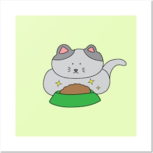 cute grey cat eating cat food Posters and Art